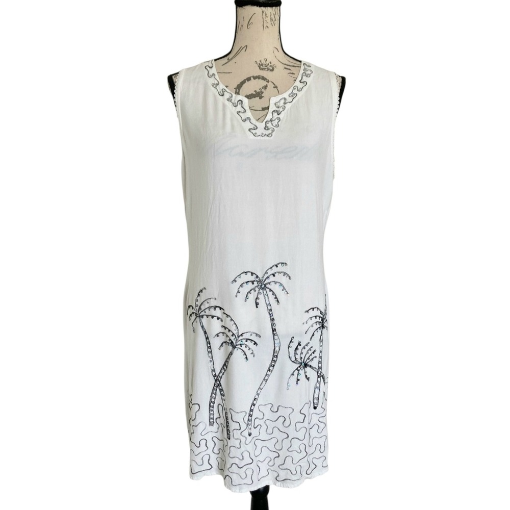 Raya Sun Boho Embroidered White Palm Tree dress L Beach cover up Sequin Shimmer